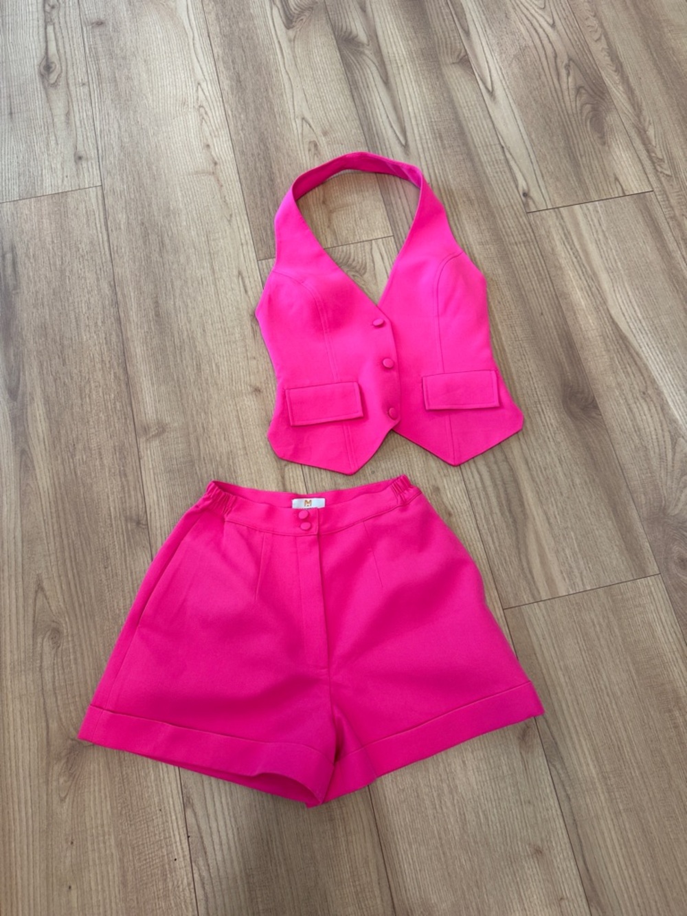 Bright Hot Pink Two-Piece Halter Vest & High-Waist Shorts Set